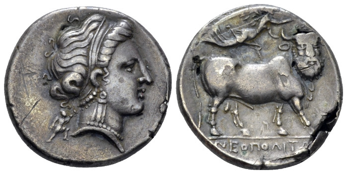 Campania , Neapolis Didrachm circa 300-275, AR 21.00 mm., 6.21 g.
Head of nymph...