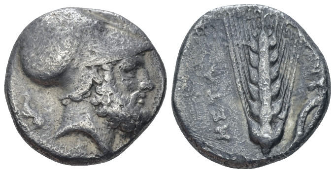 Lucania, Metapontum Nomos circa 340-330, AR 20.00 mm., 7.43 g.
Head of Leucippo...