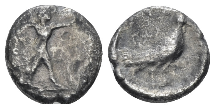 Lucania, Sybaris Triobol circa 453-448, AR 10.00 mm., 1.09 g.
Poseidon advancin...