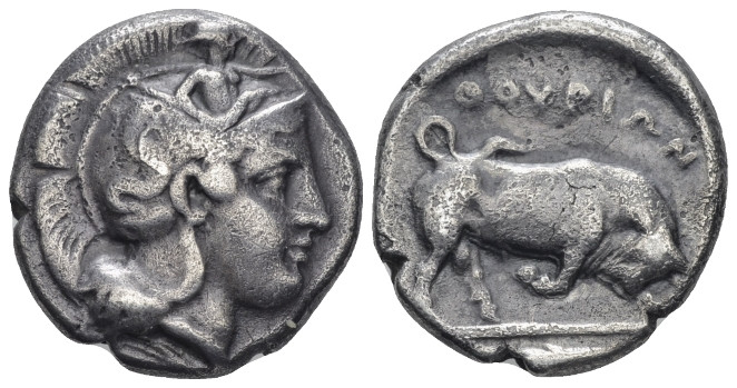 Lucania, Thurium Nomos circa 400-350, AR 20.00 mm., 7.38 g.
Head of Athena r., ...