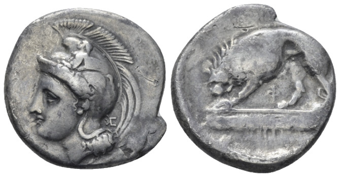 Lucania, Velia Didrachm circa 334-300, AR 21.00 mm., 7.08 g.
Helmeted head of A...