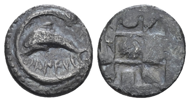 Sicily, Messana as Zankle Litra circa 500-493, AR 10.00 mm., 0.62 g.
Dolphin sw...