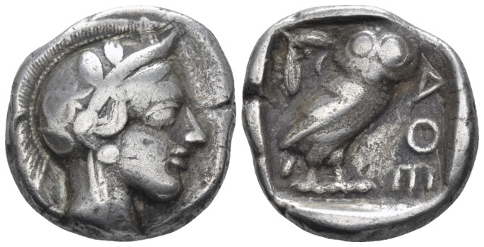 Attica, Athens Tetradrachm After 449, AR 25.00 mm., 16.43 g.
Head of Athena r.,...