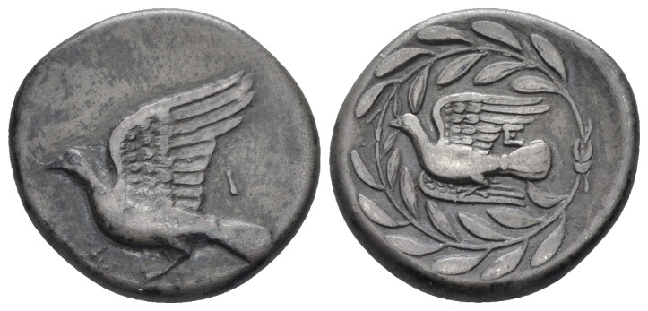 Sicyonia, Sicyon Drachm early 330s, AR 18.00 mm., 5.58 g.
Dove alighting l. Rev...