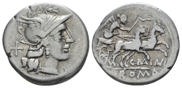 C. Maianius. Denarius circa 153, AR 18.30 mm., 4.02 g.
Helmeted head of Roma r....