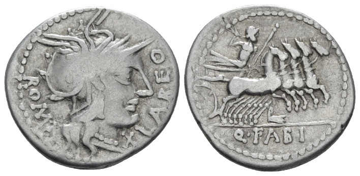 Q. Fabius Maximus. Denarius circa 127, AR 19.00 mm., 3.40 g.
Q·MAX – ROMA Helme...