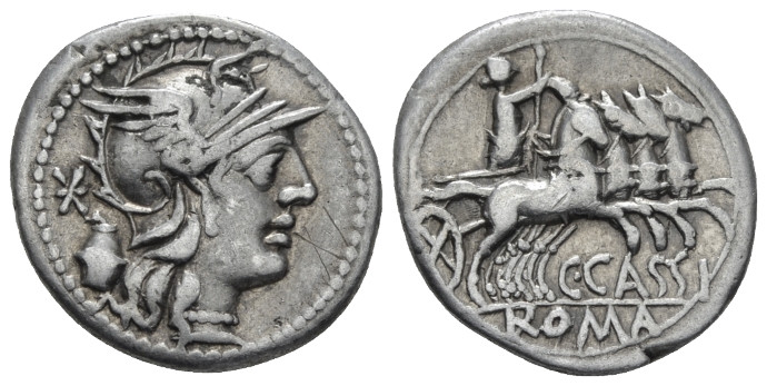 C. Cassius Longinus. Denarius circa 126, AR 18.00 mm., 3.85 g.
Helmeted head of...