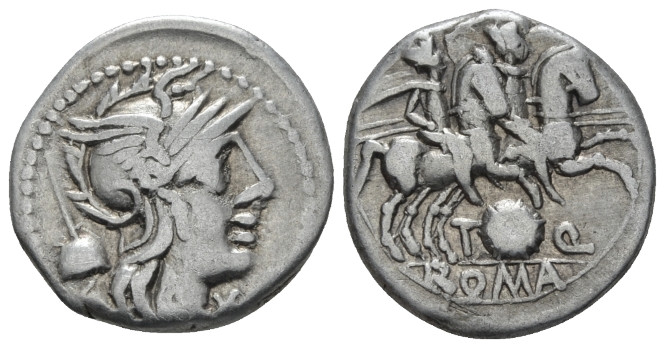 T. Quinctius Flamininus. Denarius circa 126, AR 18.50 mm., 3.80 g.
Helmeted hea...