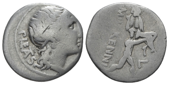 M. Herennius. Denarius 108 or 107, AR 18.00 mm., 3.70 g.
PIETAS Diademed head o...