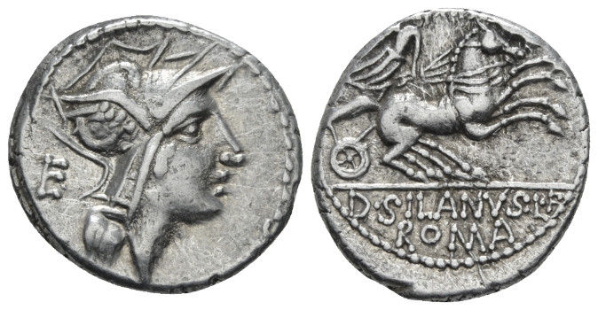 D. Iunius Silanus L.f. Denarius circa 91, AR 17.70 mm., 4.00 g.
Helmeted head o...