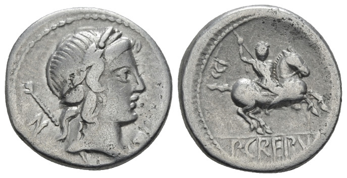 P. Crepusius. Denarius` circa 82, AR 18.50 mm., 3.75 g.
Laureate head of Apollo...