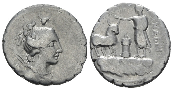 A. Postumius Albinus. Denarius serratus circa 81, AR 17.80 mm., 3.78 g.
Draped ...