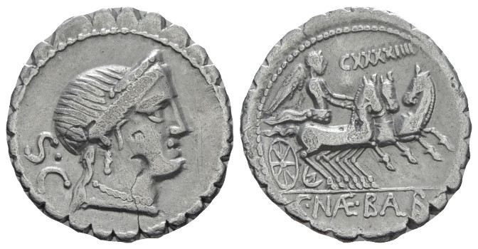 C. Naevius Balbus Denarius serratus circa 79, AR 17.50 mm., 3.61 g.
Diademed he...