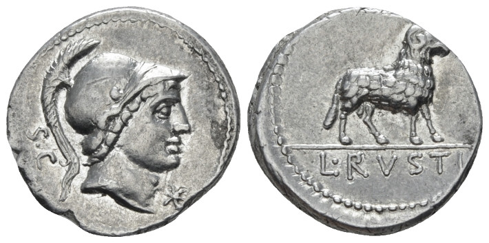 L. Rustius. Denarius circa 76, AR 18.70 mm., 4.04 g.
Helmeted head of Minerva r...