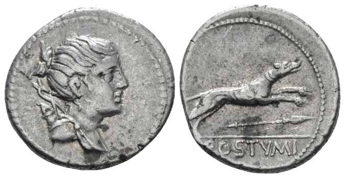 C. Postumius. Denarius circa 74, AR 18.90 mm., 3.87 g.
Draped bust of Diana r.,...