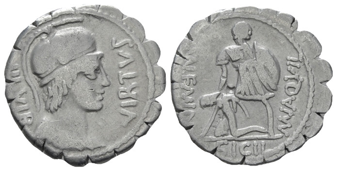 Mn. Aquillius. Denarius serratus circa 71, AR 19.20 mm., 3.53 g.
VIRTVS – III V...