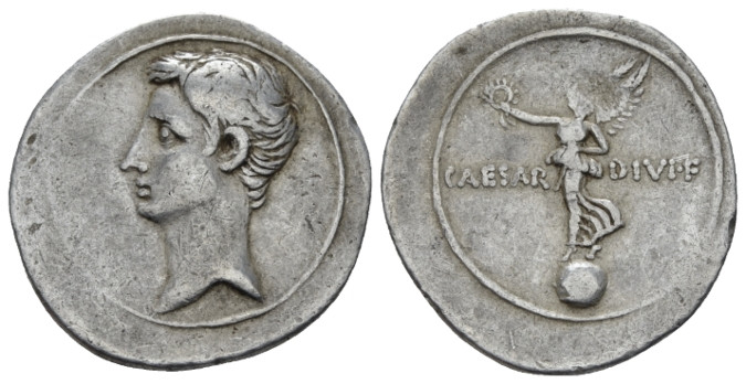 Octavian, 32 – 27 BC Denarius Brundisium and Roma circa 32-29, AR 22.00 mm., 3.3...