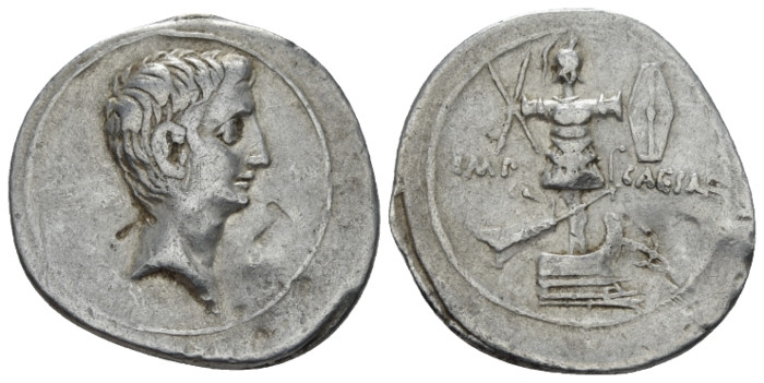 Octavian, 32 – 27 BC Denarius B circa 29-27, AR 22.00 mm., 3.83 g.
Bare head r....