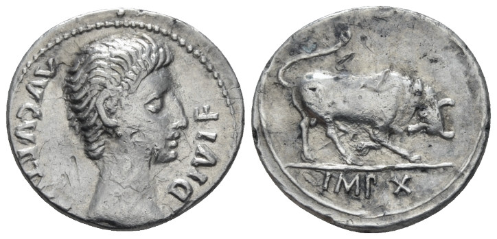 Octavian as Augustus, 27 BC – 14 AD Plated denarius Lugdunum 15-13, AR 19.00 mm....