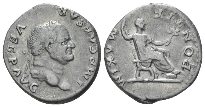 Vespasian, 69-79 Denarius Rome 74, AR 18.00 mm., 3.43 g.
Laureate head r. Rev. ...