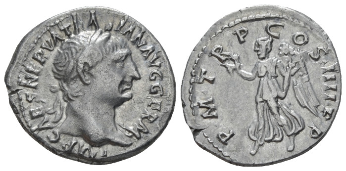 Trajan, 98-117 Denarius Rome 102, AR 20.00 mm., 3.14 g.
Laureate bust r., sligh...