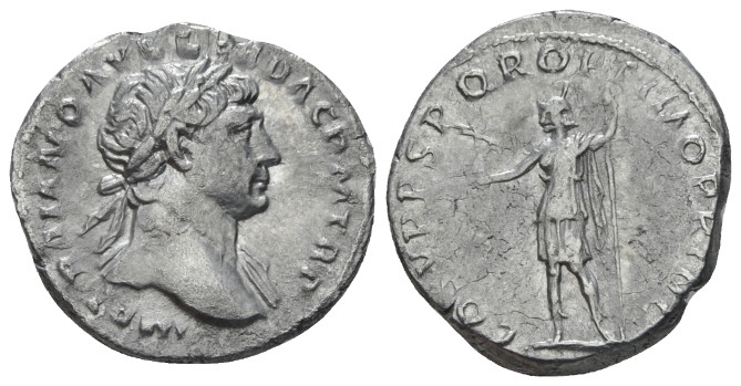 Trajan, 98-117 Denarius Rome circa 110, AR 19.00 mm., 3.17 g.
Laureate bust r.,...