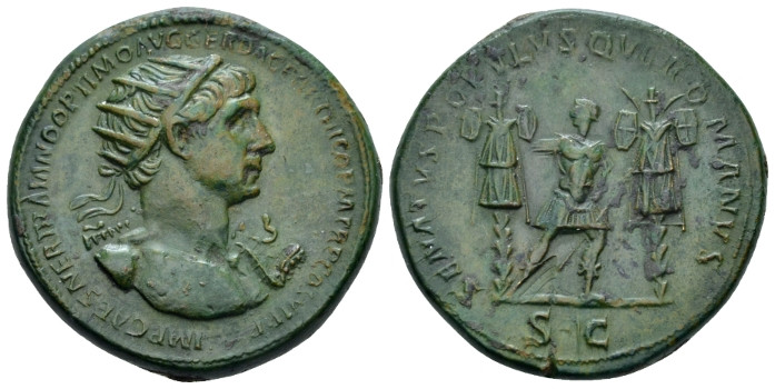 Trajan, 98-117 Dupondius Rome 114-116, Æ 27.00 mm., 14.04 g.
Radiate bust r., s...