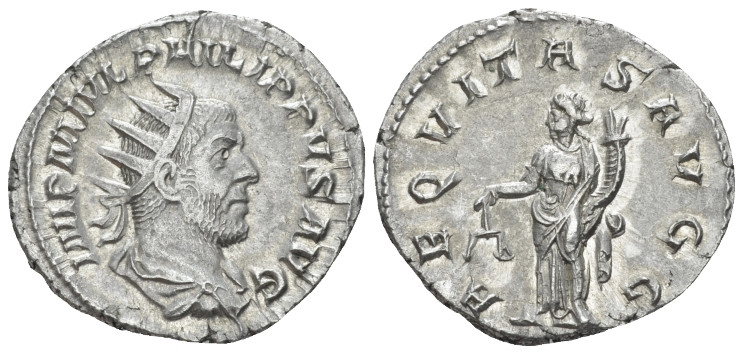 Philip I, 244-249 Antoninianus circa 249, AR 24.00 mm., 4.26 g.
Radiate, draped...