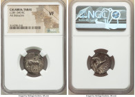 CALABRIA. Tarentum. Ca. 281-240 BC. AR stater or didrachm (20mm, 10h). NGC VF. Eu-, Apollo, and Thi-, magistrates. Nude youth on horseback right, crow...