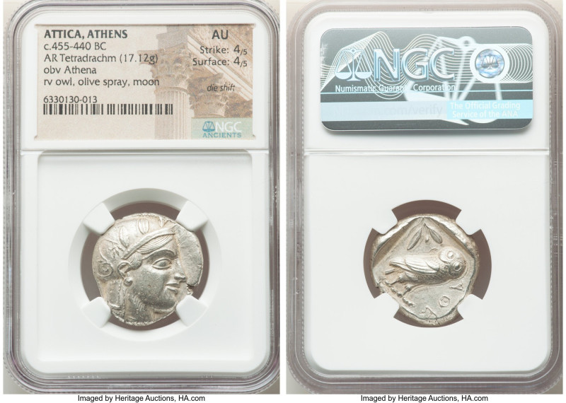 ATTICA. Athens. Ca. 455-440 BC. AR tetradrachm (24mm, 17.12 gm, 2h). NGC AU 4/5 ...