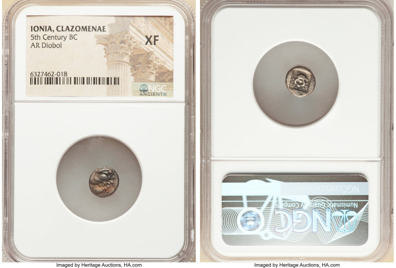 IONIA. Clazomenae. Ca. 5th century BC. AR diobol (10mm, 7h). NGC XF. Forepart of...