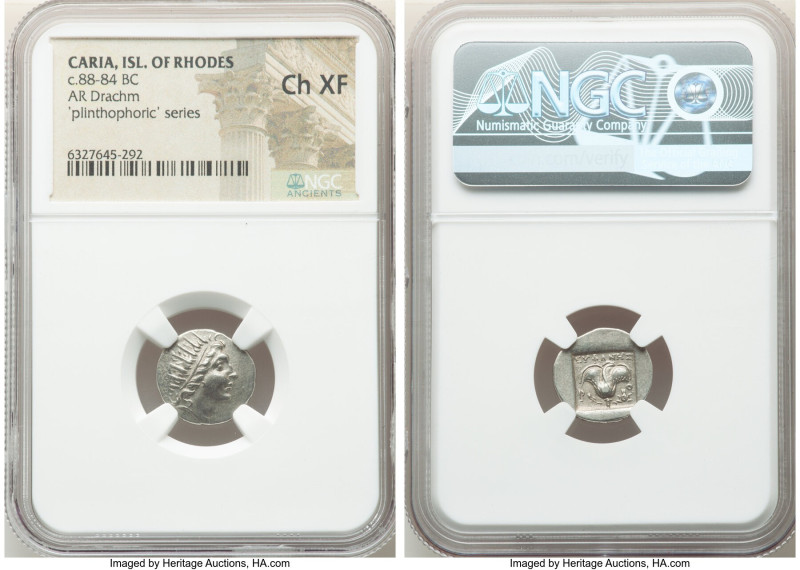 CARIAN ISLANDS. Rhodes. Ca. 88-84 BC. AR drachm (15mm, 12h). NGC Choice XF. Plin...