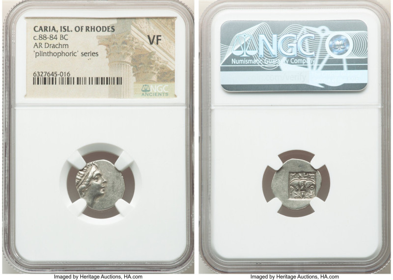 CARIAN ISLANDS. Rhodes. Ca. 88-84 BC. AR drachm (15mm, 12h). NGC VF. Plinthophor...