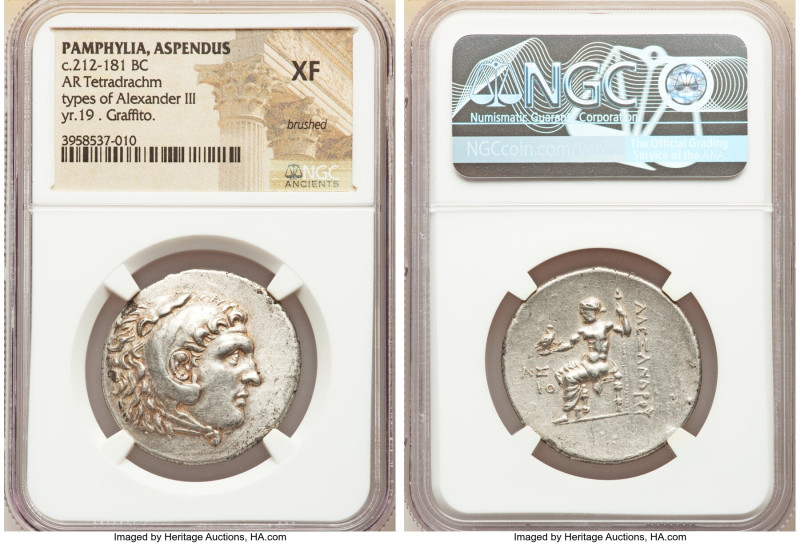 PAMPHYLIA. Aspendus. Ca. 212-181 BC. AR tetradrachm (30mm, 12h). NGC XF, brushed...