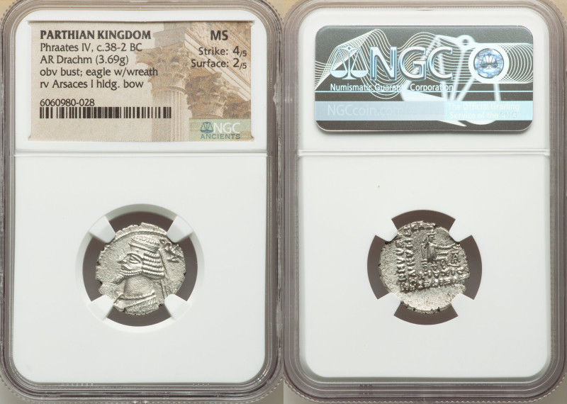 PARTHIAN KINGDOM. Phraates IV (ca. 38-2 BC). AR drachm (19mm, 3.69 gm, 11h). NGC...