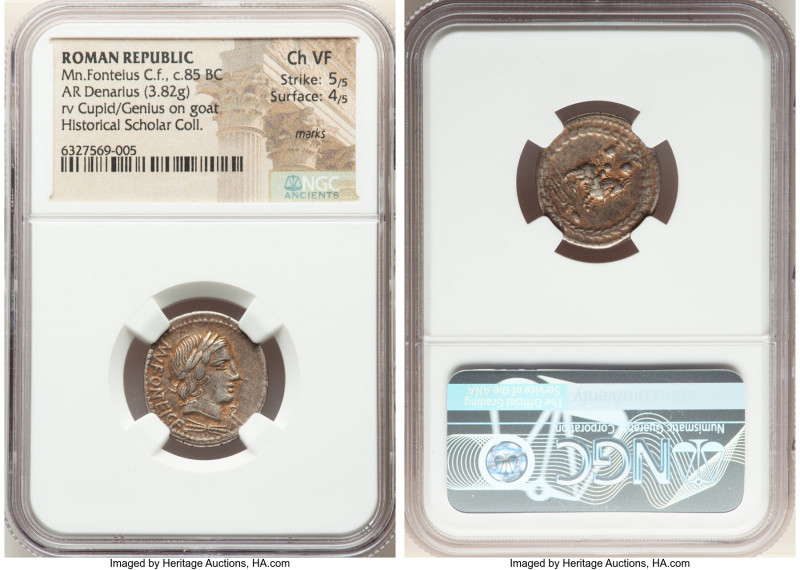 Mn. Fonteius C.f. (ca. 85 BC). AR denarius (20mm, 3.82 gm, 8h). NGC Choice VF 5/...