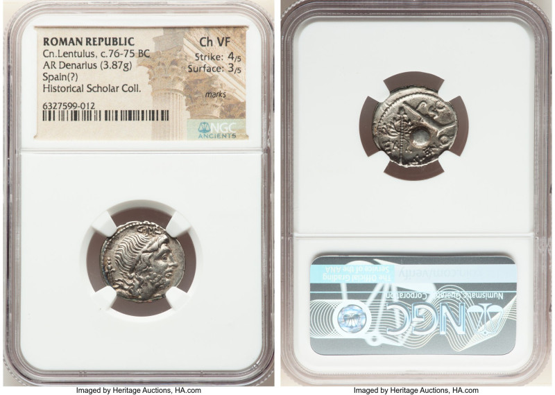 Cn. Lentulus (ca. 76-75 BC). AR denarius (19mm, 3.87 gm, 5h). NGC Choice VF 4/5 ...