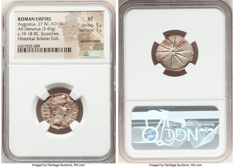 Augustus (27 BC-AD 14). AR denarius (20mm, 3.45 gm, 5h). NGC XF 5/5 - 1/5, banke...