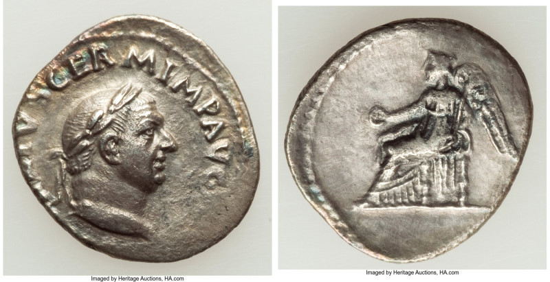 Vitellius (AD 69). AR denarius (20mm, 2.56 gm, 6h). Choice VF, tooled. Rome, Apr...