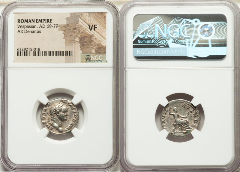 Vespasian (AD 69-79). AR denarius (19mm, 12h). NGC VF. Rome, AD 73. IMP CAES VES...