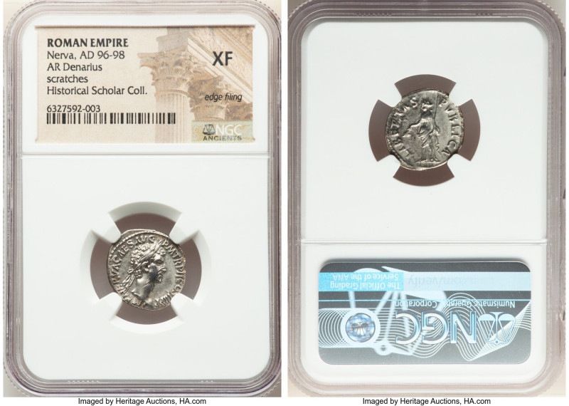 Nerva (AD 96-98). AR denarius (18mm, 6h). NGC XF, edge filing, scratches. Rome, ...