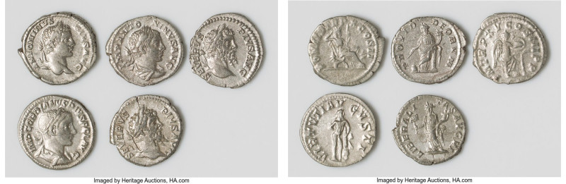 ANCIENT LOTS. Roman Imperial. Lot of five (5) AR denarii. Choice Fine-Choice VF....