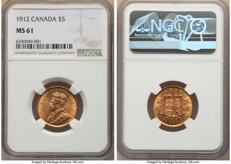 George V gold 5 Dollars 1912 MS61 NGC, Ottawa mint, KM26. Three year type. AGW 0...