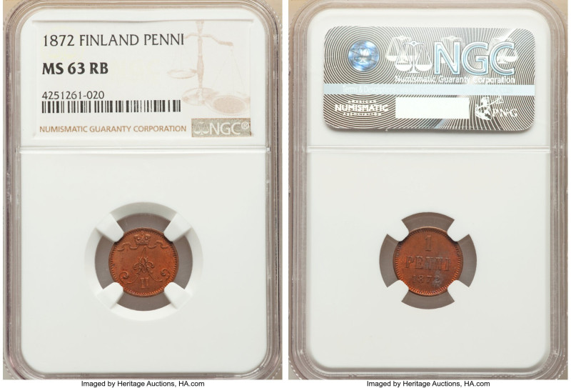 Russian Duchy. Alexander II Penni 1872 MS63 Red and Brown NGC, KM1.2. First year...