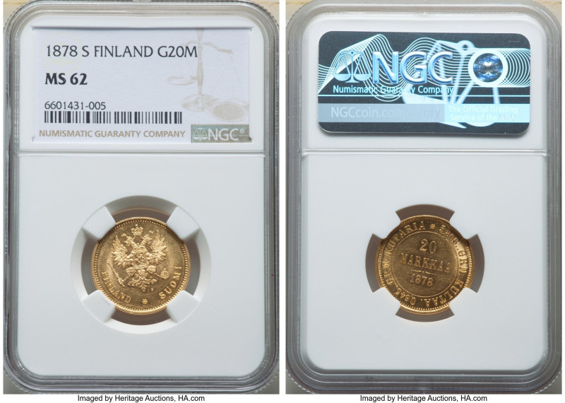 Russian Duchy. Alexander II gold 20 Markkaa 1878-S MS62 NGC, Helsinki mint, KM9....