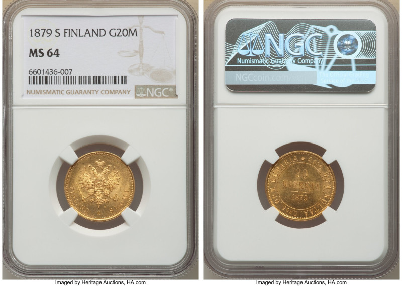 Russian Duchy. Alexander II gold 20 Markkaa 1879-S MS64 NGC, Helsinki mint, KM9....