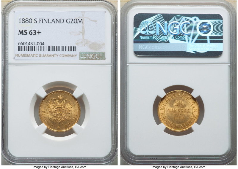 Russian Duchy. Alexander II gold 20 Markkaa 1880-S MS63+ NGC, Helsinki mint, KM9...