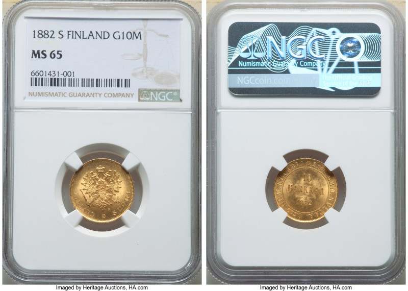 Russian Duchy. Alexander III gold 10 Markkaa 1882-S MS65 NGC, Helsinki mint, KM8...