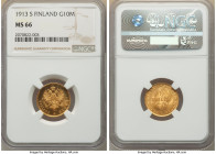 Russian Duchy. Nicholas II gold 10 Markkaa 1913-S MS66 NGC, Helsinki mint, KM8.2. Cloudy toning with reflective surfaces. From the GK Collection 

HID...