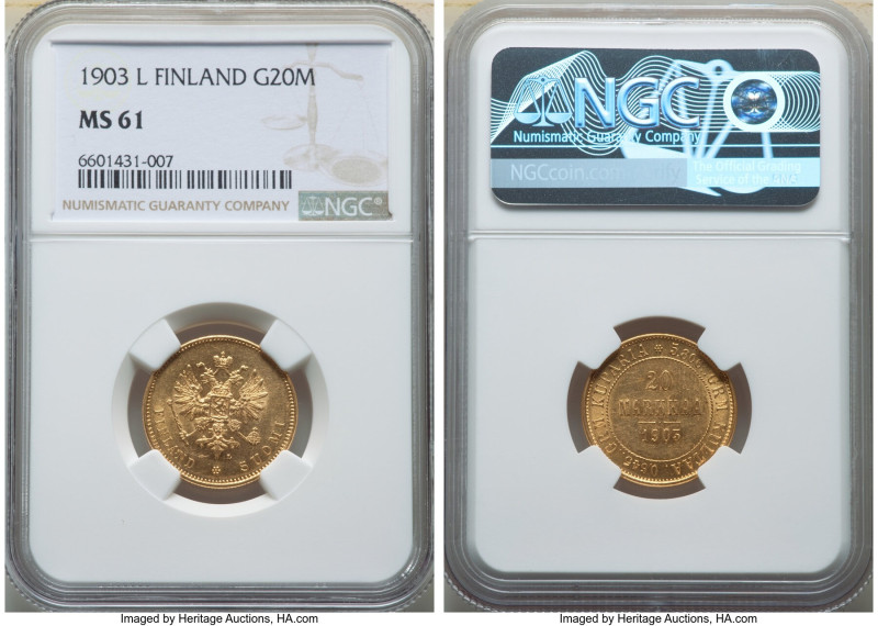 Russian Duchy. Nicholas II gold 20 Markkaa 1903-L MS61 NGC, Helsinki mint, KM9.2...